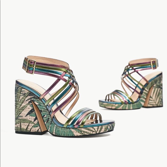 Zara Multicolor Tropical Flower Platform Sandals